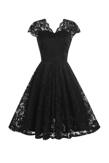 Abito anni '50 stile Hepburn in pizzo nero con scollo a V